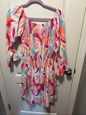 Women’s Pink Multicolor Long Sleeve Shirred Waist Dress
